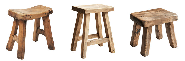 A rustic wooden stool with a natural finish and a simple design, isolated on a transparent background