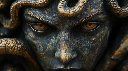 Close-up of Medusaâs face with intricate serpent hair, her gaze fierce and mesmerizing.