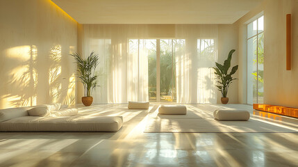 Fototapeta premium A serene, sunlit interior featuring minimalist decor, soft cushions, and plants, creating a calming atmosphere for relaxation or meditation.