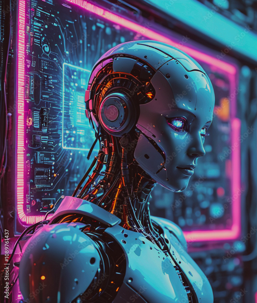 Poster A woman with a robotic face is standing in front of a neon sign. The image has a futuristic and technological vibe, with the woman's metallic appearance