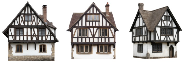 A medieval timber-framed house featuring white plaster walls and prominently exposed dark wood beams, showcasing traditional craftsmanship, isolated on a transparent background