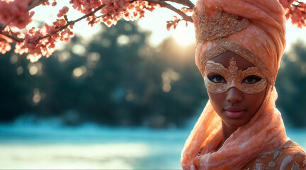 Elegant Arab woman in a golden carnival mask and turban, surrounded by delicate blossoms.  .