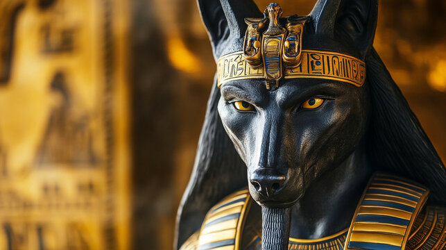 Close-up of the face of Anubis, the Egyptian god of death, with intricate golden hieroglyphs on his headdress.