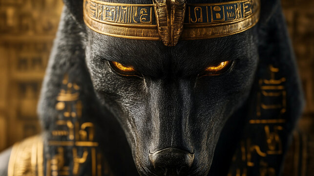 Close-up of the face of Anubis, the Egyptian god of death, with intricate golden hieroglyphs on his headdress.
