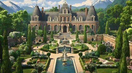 Majestic chateau with formal gardens, fountains, and mountain backdrop.