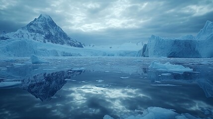 Antarctic landscape with mountain reflection in calm icy water.