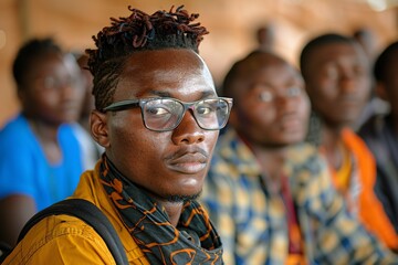 Obraz premium A young man with stylish glasses and a unique hairstyle observes a gathering, surrounded by others engaged in conversation. The atmosphere appears lively and vibrant