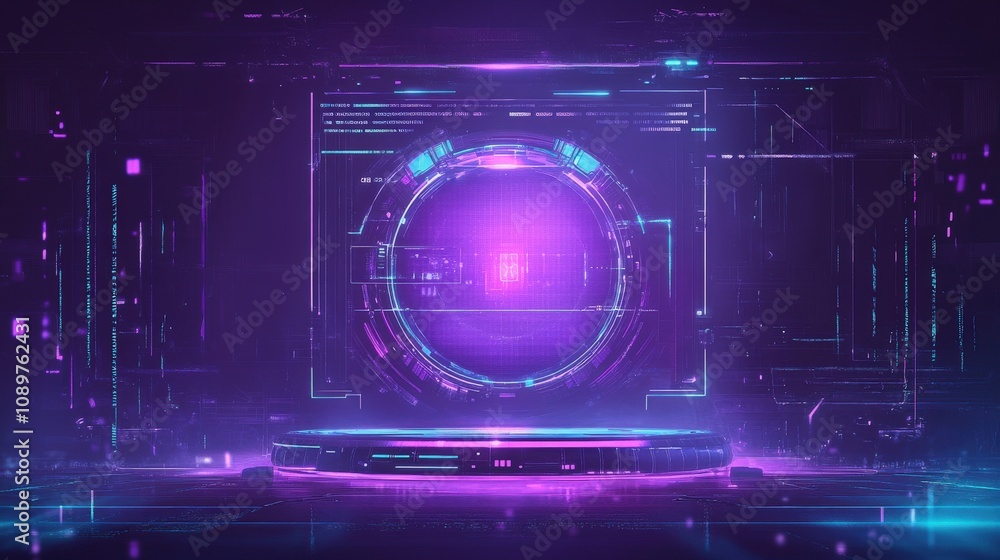 Poster futuristic interface with glowing platform and digital circle