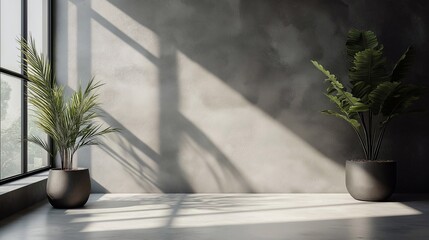Fototapeta premium A large, empty room with a window and plants. Modern and minimalist