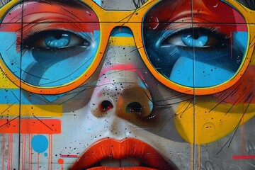 bold and dramatic close-up of woman's face with expressive makeup, fusion of street art and high fashion. The vibrant colors and graphic elements create a dynamic and edgy visual statement