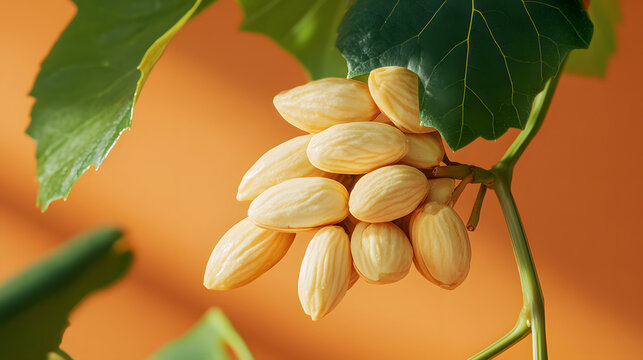 A Captivating Close-up of Almonds Masterfully Designed as Grapes in an Orange and Green Themed Minimalist Studio