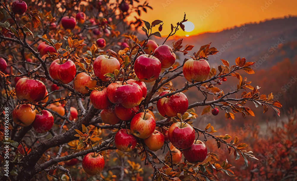 Poster a tree full of red apples with a sun in the background. the sun is setting and the apples are ripe