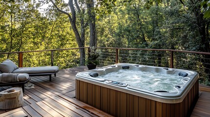 Tranquil hot tub on a secluded deck overlooking a lush forest.