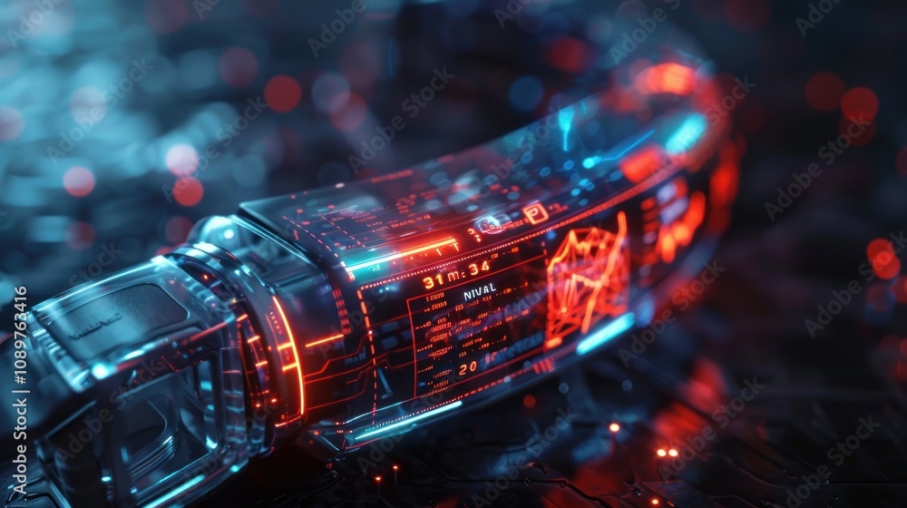 Poster a futuristic device with glowing red and blue lights displays data on its screen.