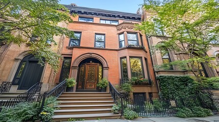 Elegant brick townhouse on a tree-lined street.  Steps lead to an ornate entryway. Lush greenery surrounds the property.