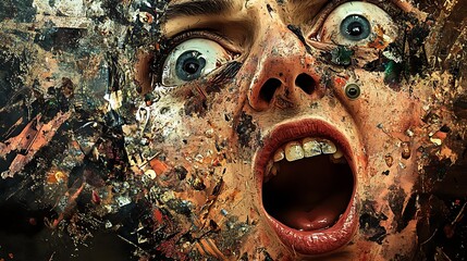 Terrified face, paint splatter, grunge texture, surreal expression.