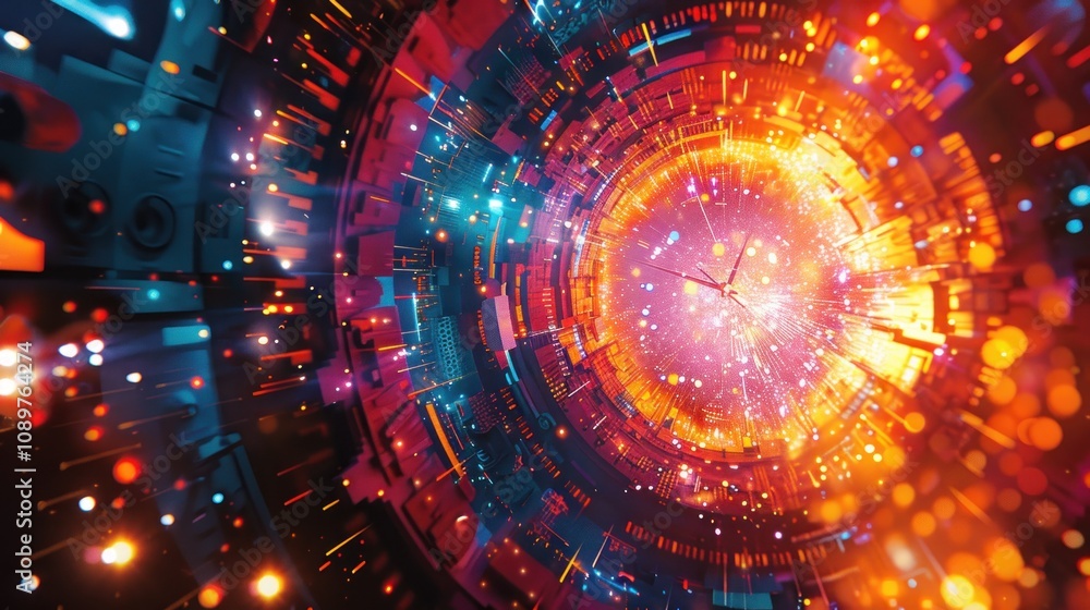 Poster a swirling vortex of color and light, a clock face appears in the center, symbolizing the passage of