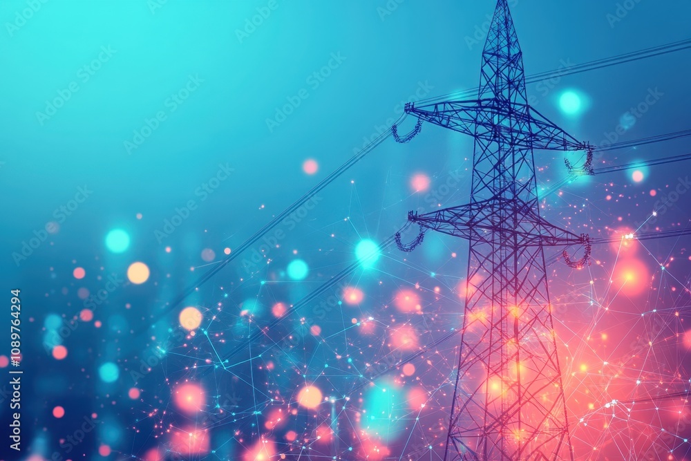 Poster electrical tower against a colorful background of lights and abstract patterns at night