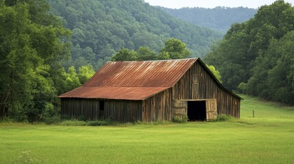 Obraz premium Rustic Wooden Barn in a Green Mountain Valley