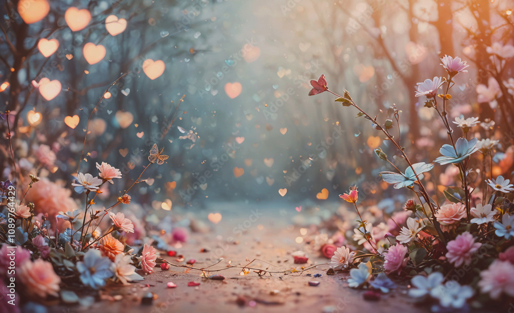 Poster a forest scene with a path of flowers and a lot of pink flowers. the flowers are scattered all over 