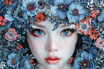 close-up portrait of young woman wearing floral headpiece, with mixture of blue and red flowers intricately woven around her face. surreal and ethereal vibe with focus on her large, expressive eyes