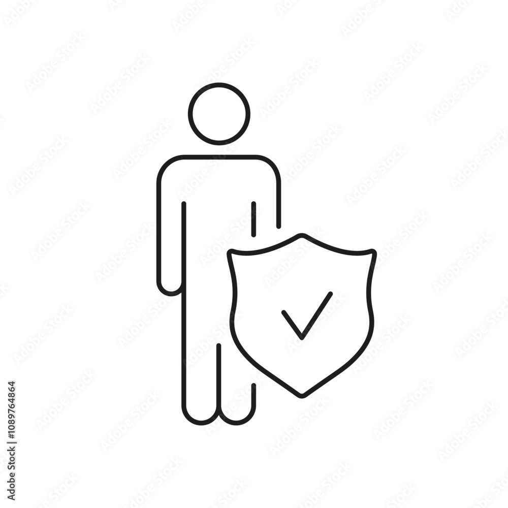 Poster man with shield and checkmark line icon, security and protection symbol. isolated vector illustratio