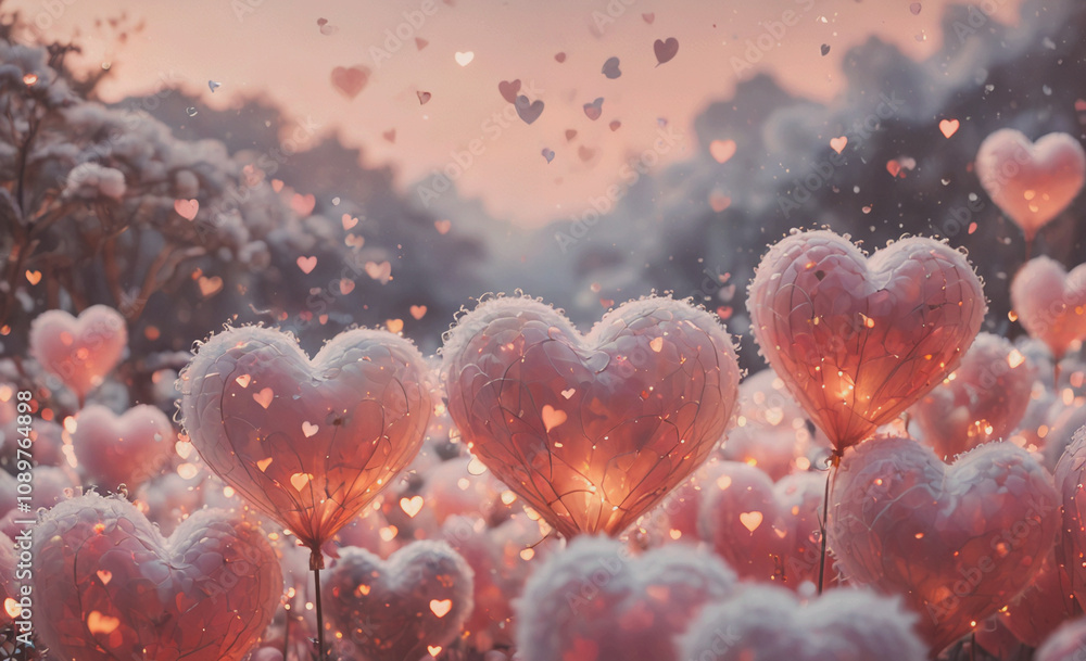 Poster a field of pink hearts with snowflakes falling around them. the snowflakes are lit up, creating a wa