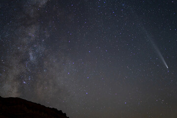 the night sky as seen from the Ramon crater in the Negev region in Israel.
featuring the milky way, and the Atlas A3 comet
