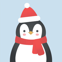 Christmas penguin in red hat vector illustration. Baby penguin flat style illustration. Cute penguin in scarf and hat. 