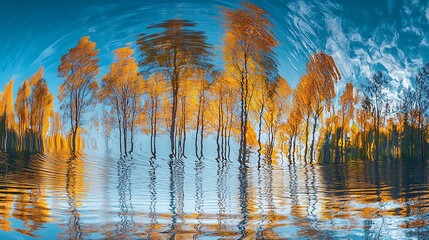 Autumnal grove reflected in still water, creating a surreal, dreamy effect.