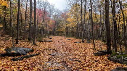 Autumnal forest path covered in fallen leaves, rocks, and trees with vibrant fall foliage.