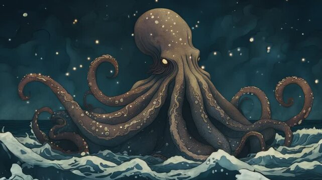 Animated illustration of a giant monster octopus emerging from waves in the sea. Cinematic fantasy animation. Starry sky in the background. 