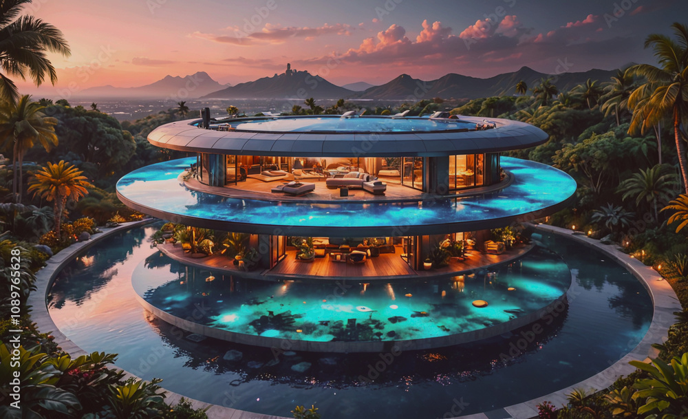 Aufkleber a large house with a pool and a lot of trees. the house is surrounded by mountains and has a tropica