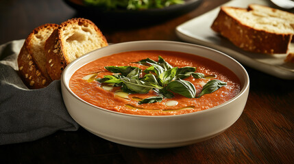 Bowl of creamy tomato soup with a garnish of fresh basil, accompanied by a slice of buttered sourdough bread 