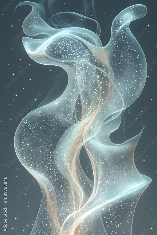 Poster an ethereal swirl of translucent smoke with shimmering particles, creating a dreamlike and mystical 