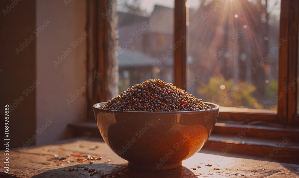 Aufkleber A bowl of grains is sitting on a table in front of a window. The grains are scattered and the bowl is full. The sunlight is shining through the window, creating a warm and inviting atmosphere