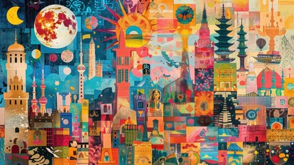 Obraz premium A colorful, abstract collage featuring numerous geometric shapes, buildings, and celestial objects, including a red moon and a yellow sun.