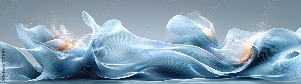 Poster an ethereal abstract composition depicting soft, flowing waves of translucent blue and white, creati