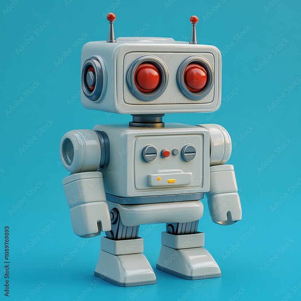 Poster retro robot toy with red buttons and lights on blue background