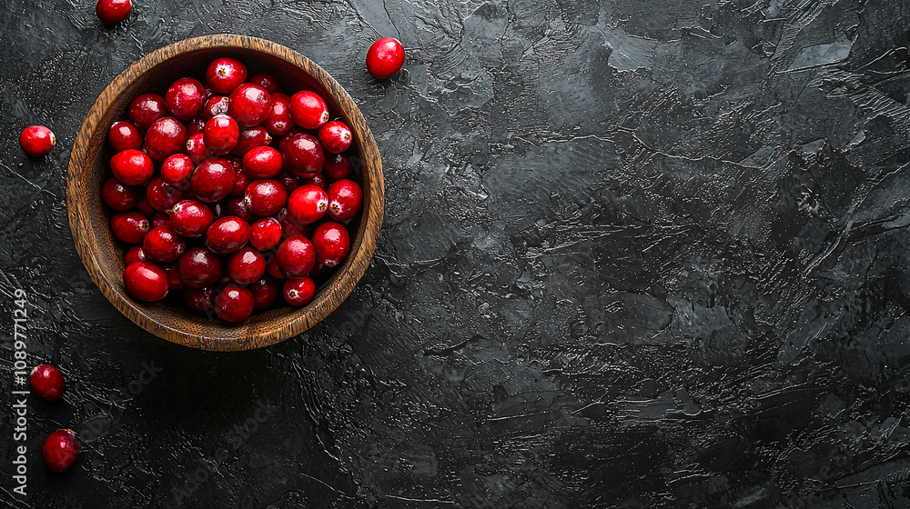 Poster a wooden bowl filled with vibrant red cranberries sits on a dark, textured surface, creating an appe