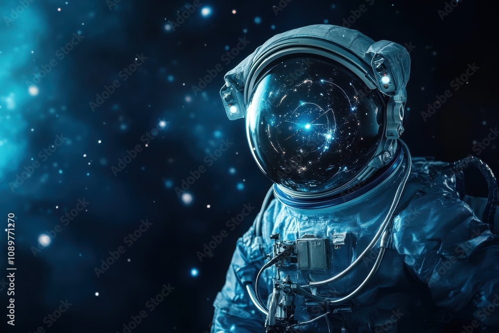 Poster astronaut floating in deep space surrounded by shimmering stars and cosmic phenomena