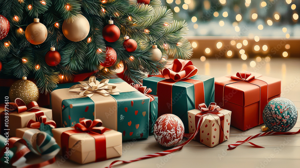 Poster colorful wrapped presents and ornaments are arranged beneath a sparkling christmas tree, creating a 