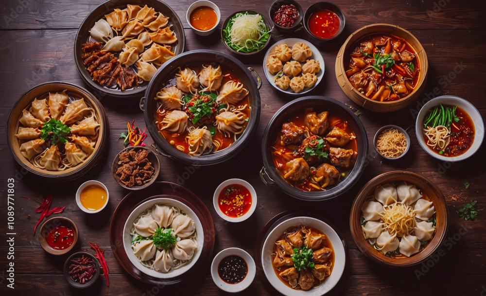 Poster a table full of asian food with many different dishes. scene is inviting and delicious