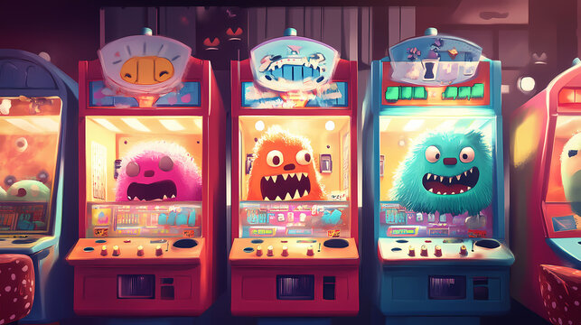 Claw machine chaos playful characters take their chances. Retro Arcade Chaos. Illustration