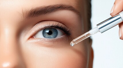 woman carefully applies a clear serum under her eye, focusing on hydration and brightening effects. setting suggests a fresh morning routine aimed at enhancing her skincare regimen