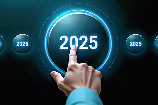A futuristic 2025 digital interface with glowing blue circles and manual interaction