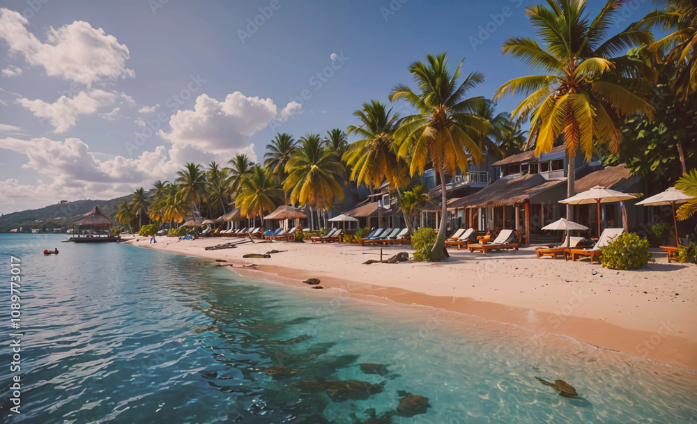 Poster a beautiful beach with palm trees and a clear blue ocean. the beach is full of people and there are 
