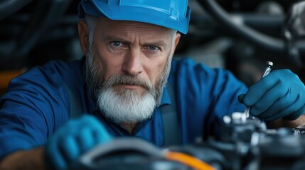 experienced mechanic is intently working on machinery in a workshop, wearing a blue hard hat and gloves. His concentration highlights the precision required for the repairs