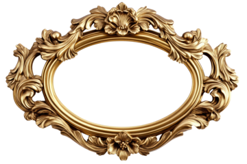 An intricately designed ornate oval golden frame, representing vintage elegance, with elaborate floral motifs in a classic style.