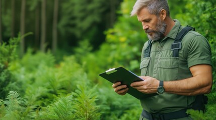 Fototapeta premium forest ranger stands attentively in a vibrant green landscape, checking details on a clipboard as he observes the surrounding plant life on a sunny day